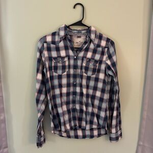 Hollister Navy, Light Blue & Red Plaid Button-Down Shirt